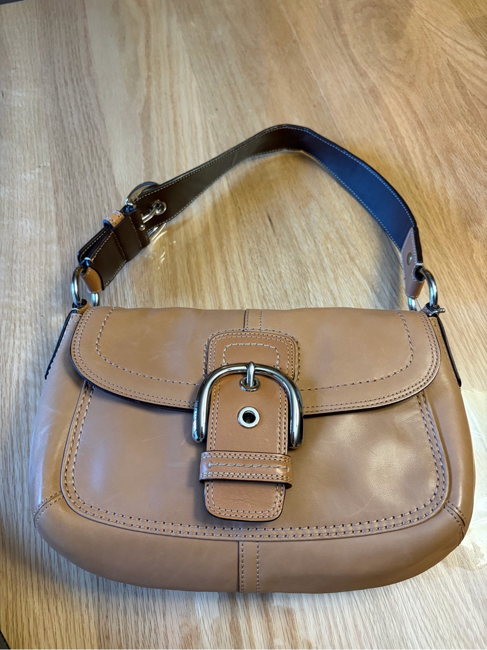 Coach Caramel Leather Shoulder Bag with Buckle Accent